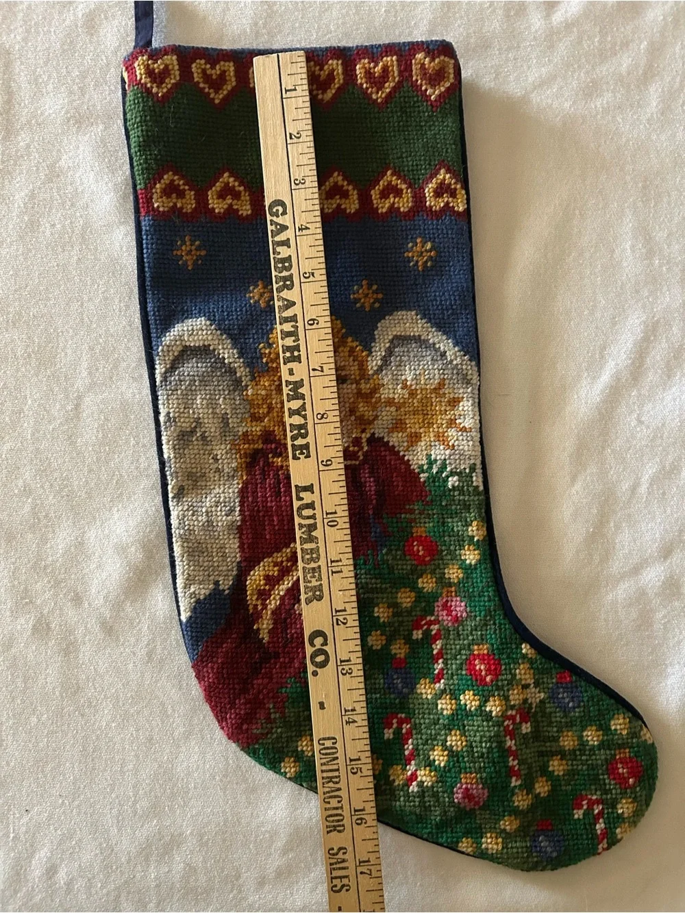 Vintage Needlepoint Angel & Hearts Christmas Stocking Navy Velvet Back